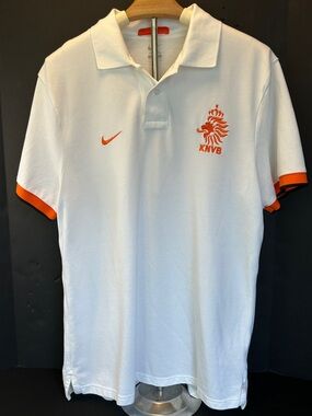 Men’s Nike White Netherlands Soccer Polo with Orange KNVB Crest and Trim